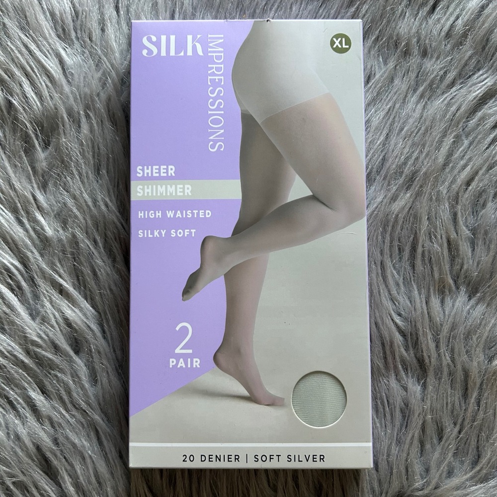 Silk Impressions Sheer Shimmer Tights Women's Size XL Soft Silver High Waisted
